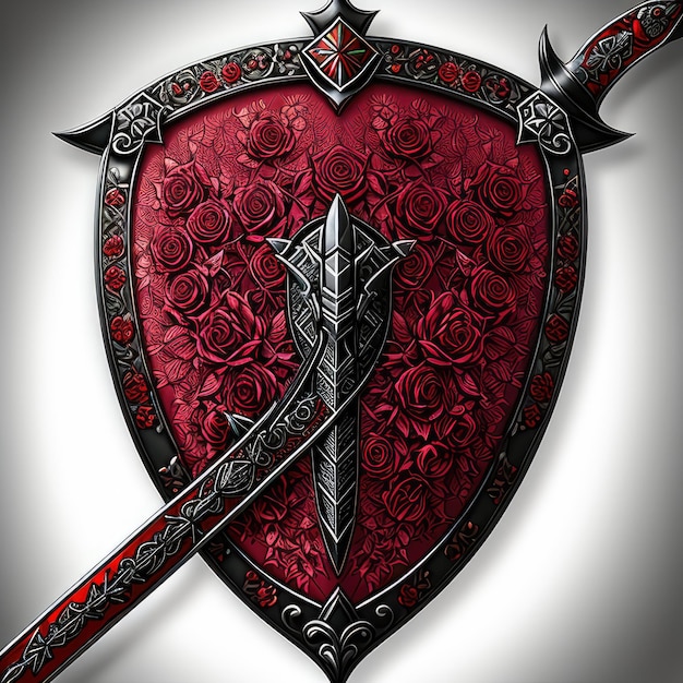Een rood en zwart schild met een zwaard in het midden.