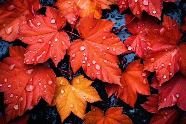 Een rood esdoornblad met waterdruppels erop