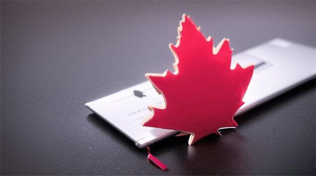Een rood esdoornblad zit bovenop een kaart waarop canada staat.
