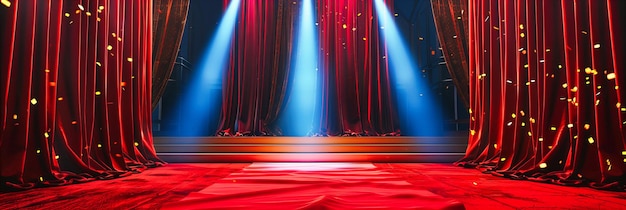 Een rood fluwelen gordijn op een toneel van een dramatisch theater klaar voor een boeiende voorstelling