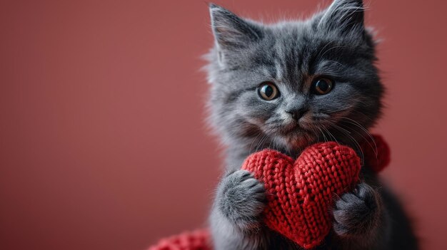 Een rood gebreid hart in de poten van een kat een ansichtkaart met een grijze en zwarte pluizige kat