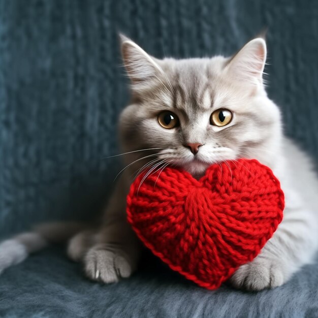 Foto een rood gebreide hart in de poten van een kat.