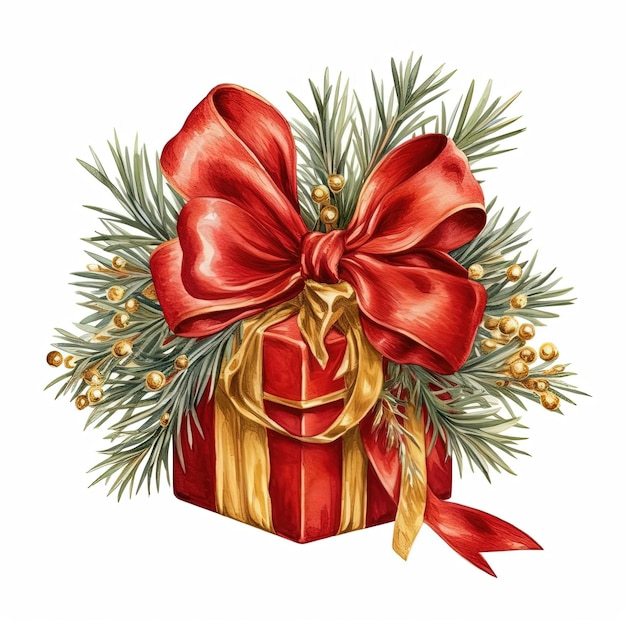 een rood geschenk verpakt met dennen tak en goud lint geïsoleerd op wit in de stijl van cinquecento