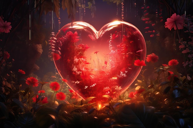 een rood glazen hart is omringd door verschillende bloemen in de stijl van vray traceren dromerige landschappen