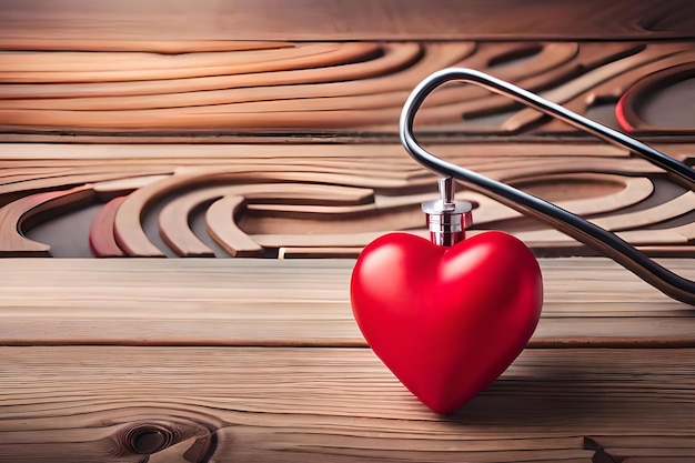 Foto een rood hart met een stethoscoop erop zit op een houten tafel.