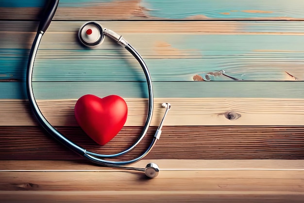 Een rood hart met een stethoscoop op een houten achtergrond