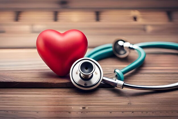 Foto een rood hart met een stethoscoop op een houten tafel