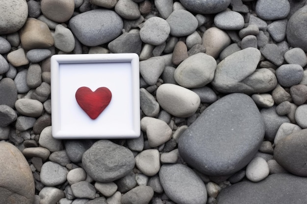 Een rood hart wordt in een wit kader op een rotsachtige ondergrond geplaatst.