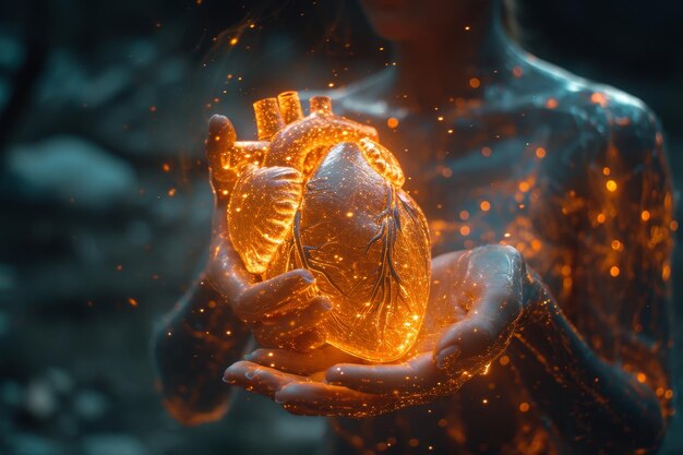 Een rood heet menselijk hart in zijn handen 3D-illustratie