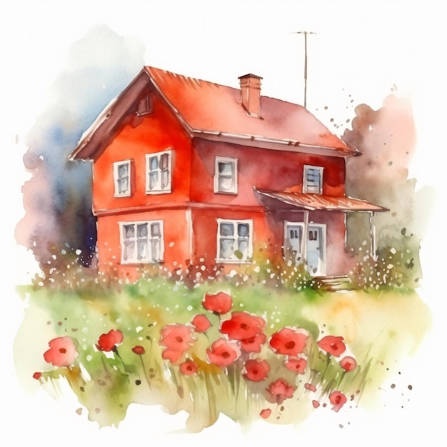 Een rood huis met een rood dak en bloemen in het gras