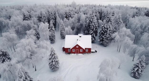 een rood huis staat midden in een bos