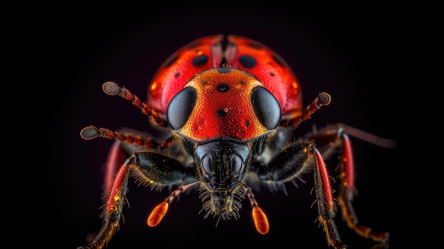 Een rood insect met zwarte stippen op zijn gezicht wordt gefotografeerd tegen een zwarte achtergrond.