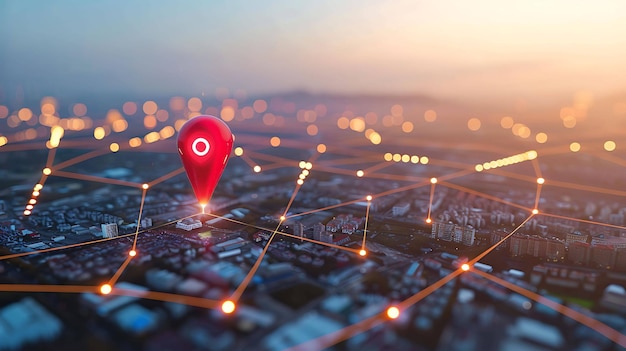 Een rood kaart wijzer icoon is geplaatst op een kruispunt in een 3D gerenderd stadsbeeld De achtergrond is vervaagd met een warme oranje tint