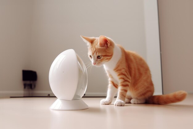 Een rood kitten staart naar het witte ding op de vloer in de kamer met veel lege ruimte in het zonnige daglicht Generatieve AI