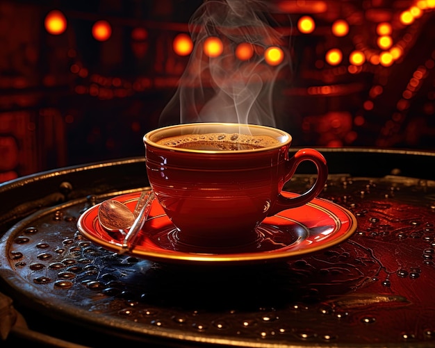 een rood kopje koffie met een lepel op een schotel met de woorden " espresso " erop.