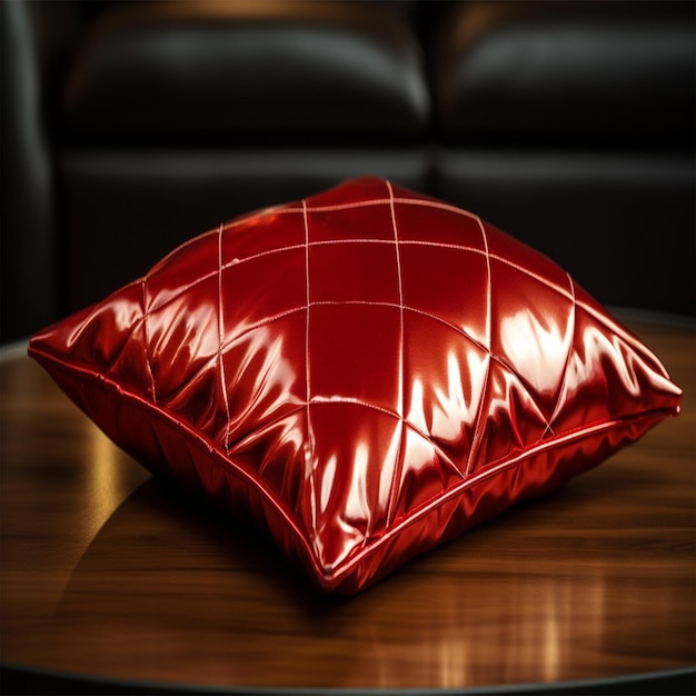 een rood kussen met een vierkant ontwerp aan de bovenkant