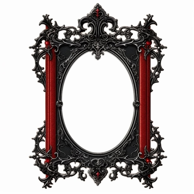Een rood met zwarte ingelijste spiegel met een rode rand en een zwarte lijst.