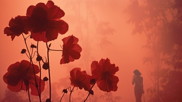 Een rood papaverveld in de mist