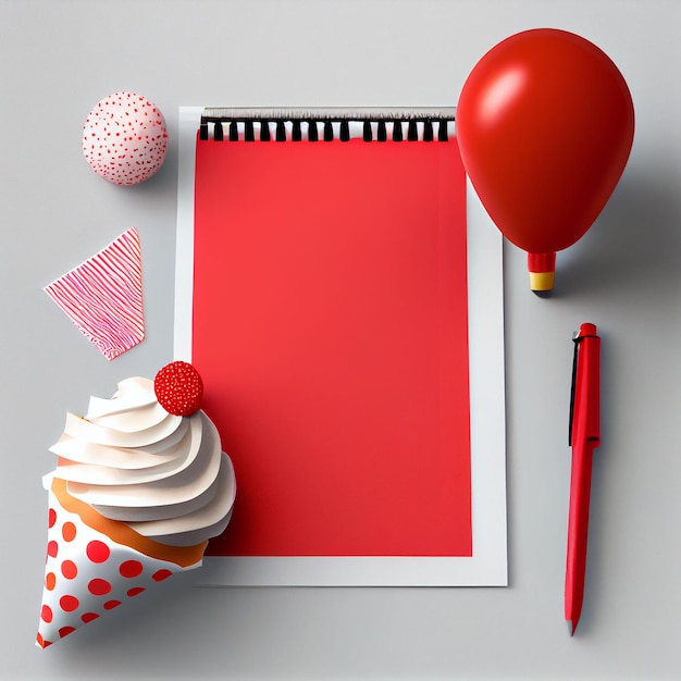 Een rood papier met een cupcake en een pen ernaast.