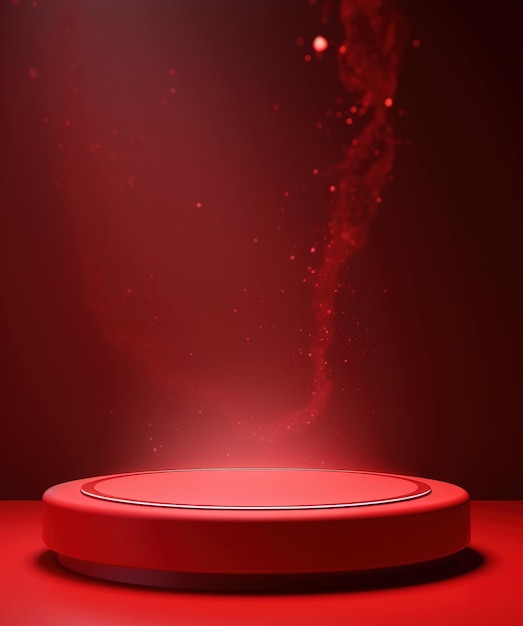 Een rood podium met een witte basis en een rode achtergrond met glitters
