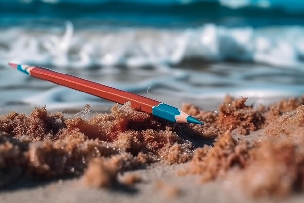 Foto een rood potlood ligt in het zand op een strand.