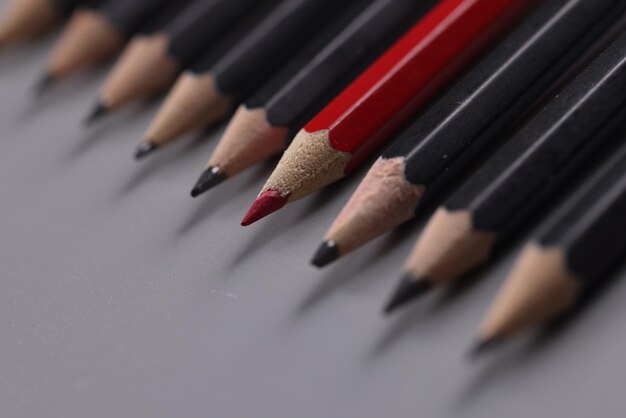 Een rood potlood tussen rij zwarte potloden