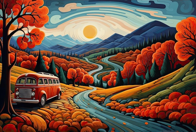 een rood voertuig rijdt in de herfst langzaam over een idyllische weg in de stijl van gedurfd en levendig