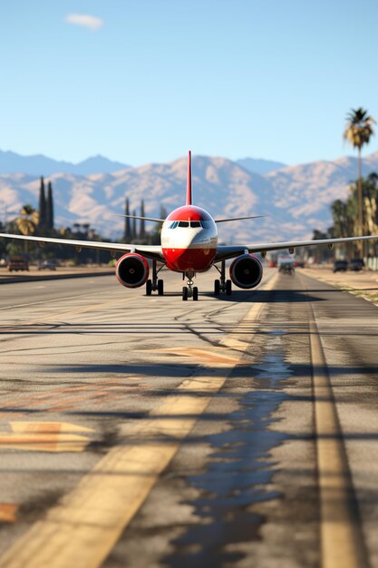 Een rood-wit vliegtuig is op de landingsbaan.