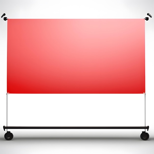 Een rood-witte banner op een kar met wielen en een witte achtergrond.