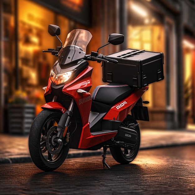 Een rood-zwarte honda-scooter met een doos achterop.