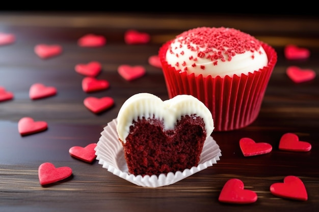 Een roodfluwelen cupcake met een hartvormig snoepje erop
