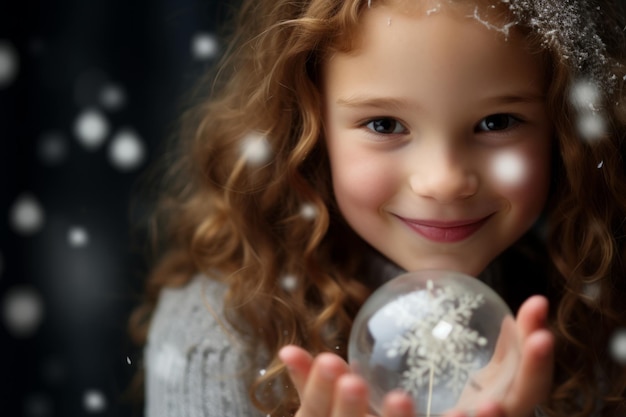 Een roodharig kind verheugd over sneeuwvlokken in een kerststudio met een zilveren thema