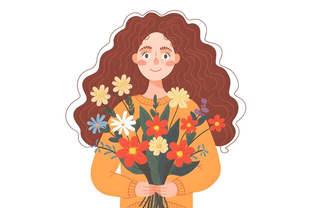 Een roodharig meisje met een boeket bloemen in haar handen in een platte stijl Greeting card