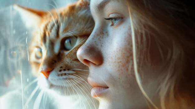 Foto een roodharig meisje met een rode kat kijkt uit het raam generatieve ai