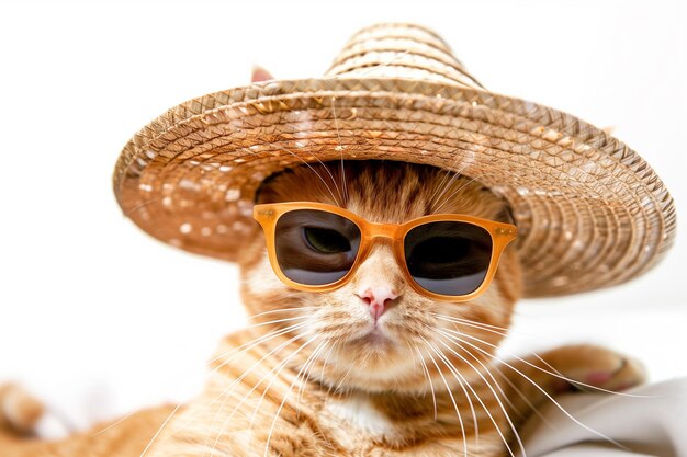Een roodharige kat in een zonnebril en een sombrero hoed geïsoleerd op een witte achtergrond Concept van ontspanning