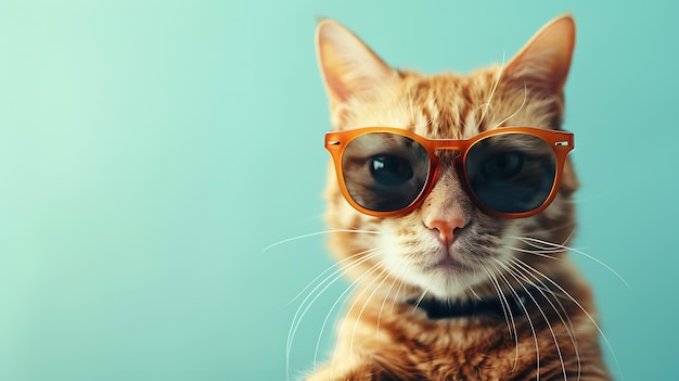 Een roodharige kat met een zonnebril kijkt met een serieuze uitdrukking naar de camera