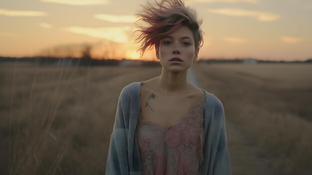 Foto een roodharige vrouw die in een levendig veld staat