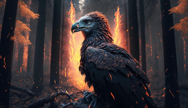 Een roofvogel zit in een bos met een brandend vuur op de achtergrond.