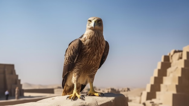 Een roofvogel zit op een rots in de woestijn.