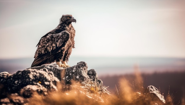 Een roofvogel zit op een rots