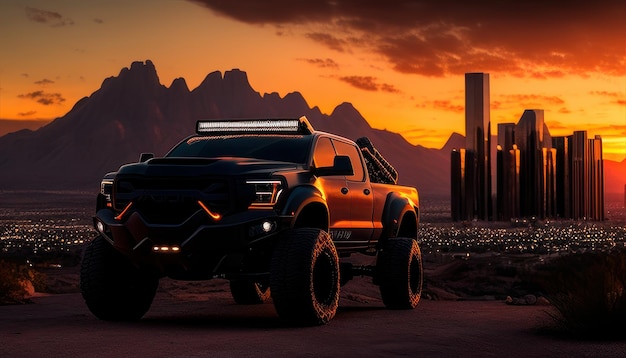 Een roofvogelvrachtwagen van Ford met een zonsondergang op de achtergrond