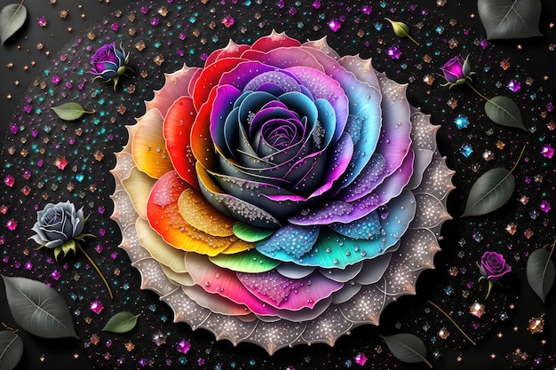 een roos met een regenboog gekleurde diamanten zwarte achtergrond