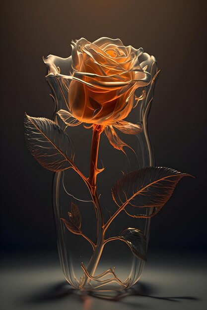 Een roos staat in een vaas waar het licht op schijnt.