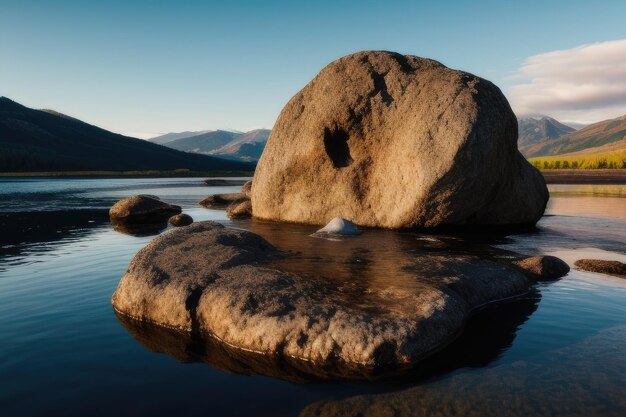 Foto een rots in een groot meer sereniteit vreedzame kalmte welzijn mindfulness