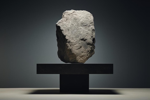 een rots op een stand met een zwarte basis en een witte steen erop.