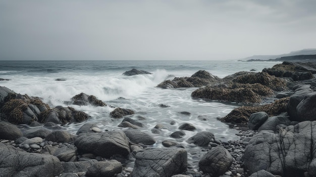 Een rotsachtig strand waar de golven tegenaan slaan