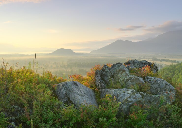 Een rotsachtige berghelling tegen de achtergrond van heuvels in de mist in de vallei van de Katuni-rivier onder een gouden hemel in het Altai-gebergte. Siberië, Rusland