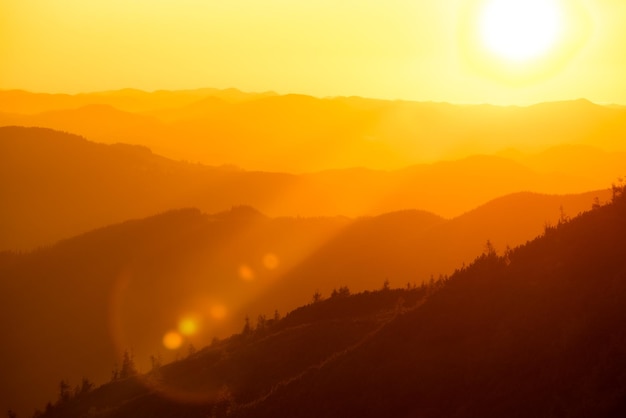 Een rotsachtige bergketen bedekt met wilde bossen, verlicht door het gouden licht van de ondergaande zon