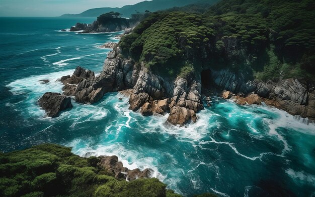 Een rotsachtige bergketen die de zee ontmoet, een luchtfoto Generatieve AI
