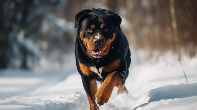 Een rottweiler die door de sneeuw rent